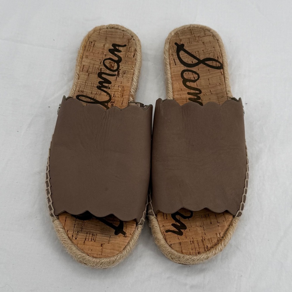 Sam Edelman Andy Scalloped Leather Espadrille Slide Sandals Taupe Brown Sz 8.5M